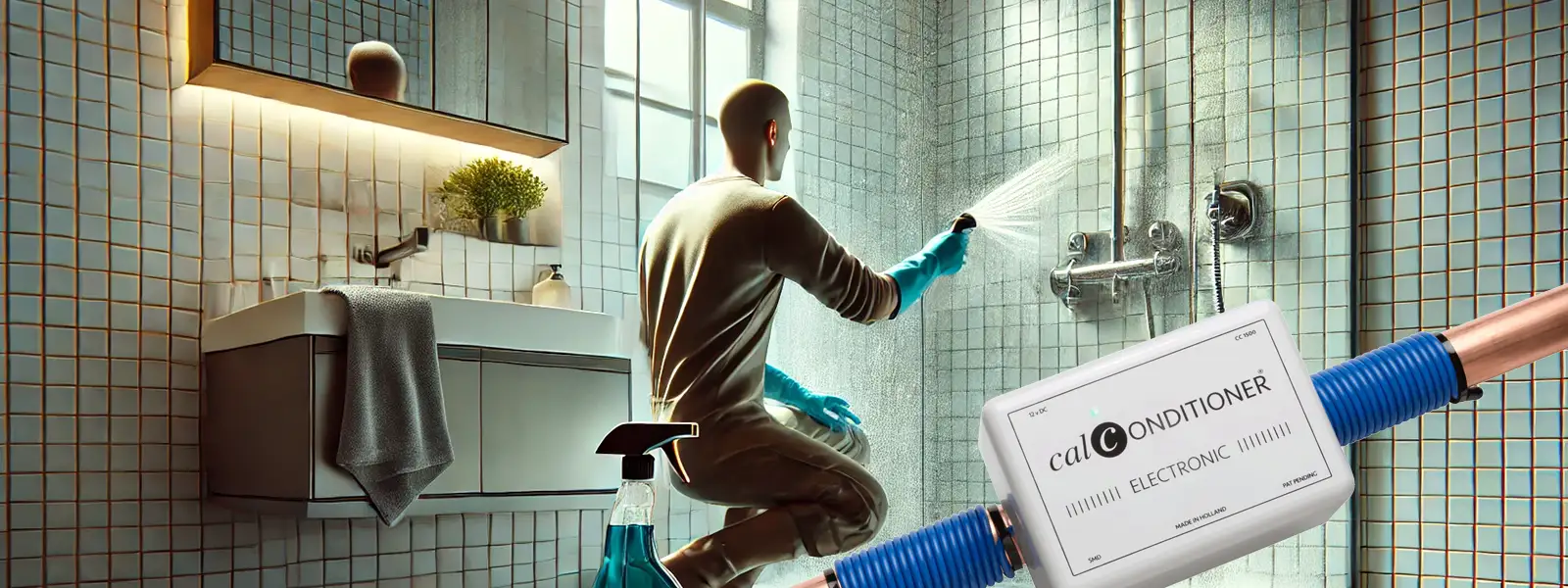 Person cleaning a modern shower faucet and glass shower wall with anti-limescale products, highlighting the effort required to remove limescale.