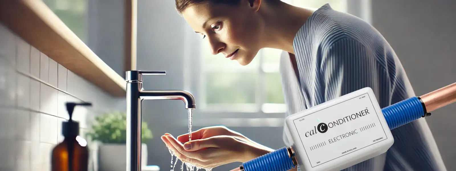 Woman examining her hands under running water from a modern faucet, highlighting skin problems caused by hard water.