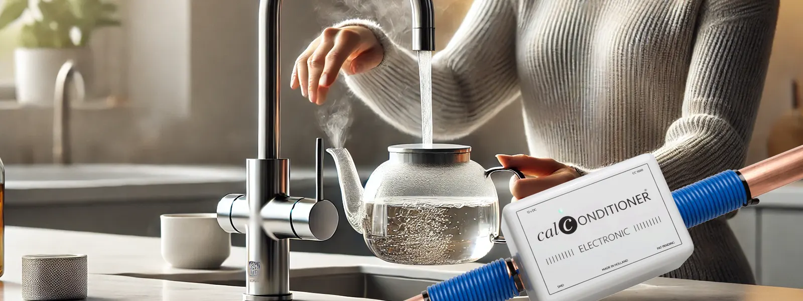 Boiling water flowing from a modern boiling water tap into a pan, symbolizing vulnerability to limescale buildup