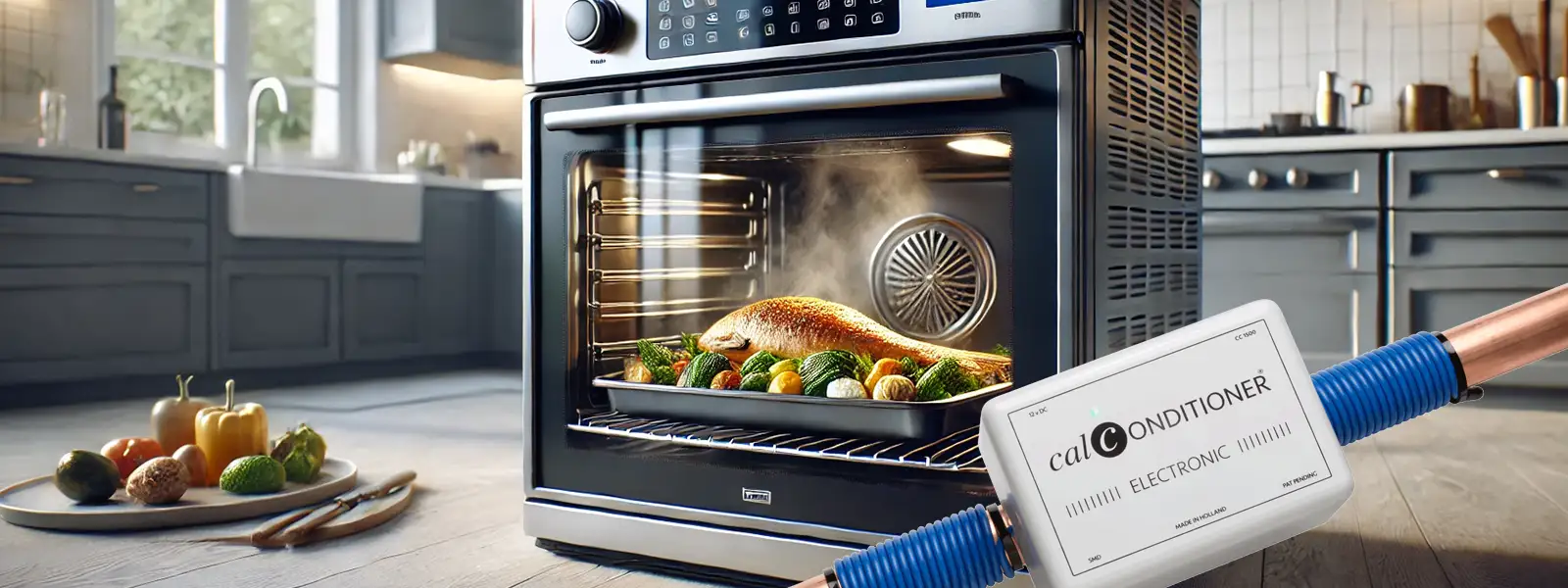 Open steam oven filled with perfectly steamed vegetables, free of limescale.