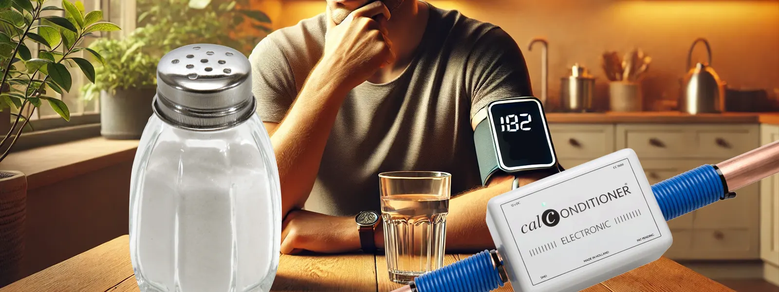 A man wearing a blood pressure monitor looks disgustedly at a glass of water, with a jar of salt visible in the background.