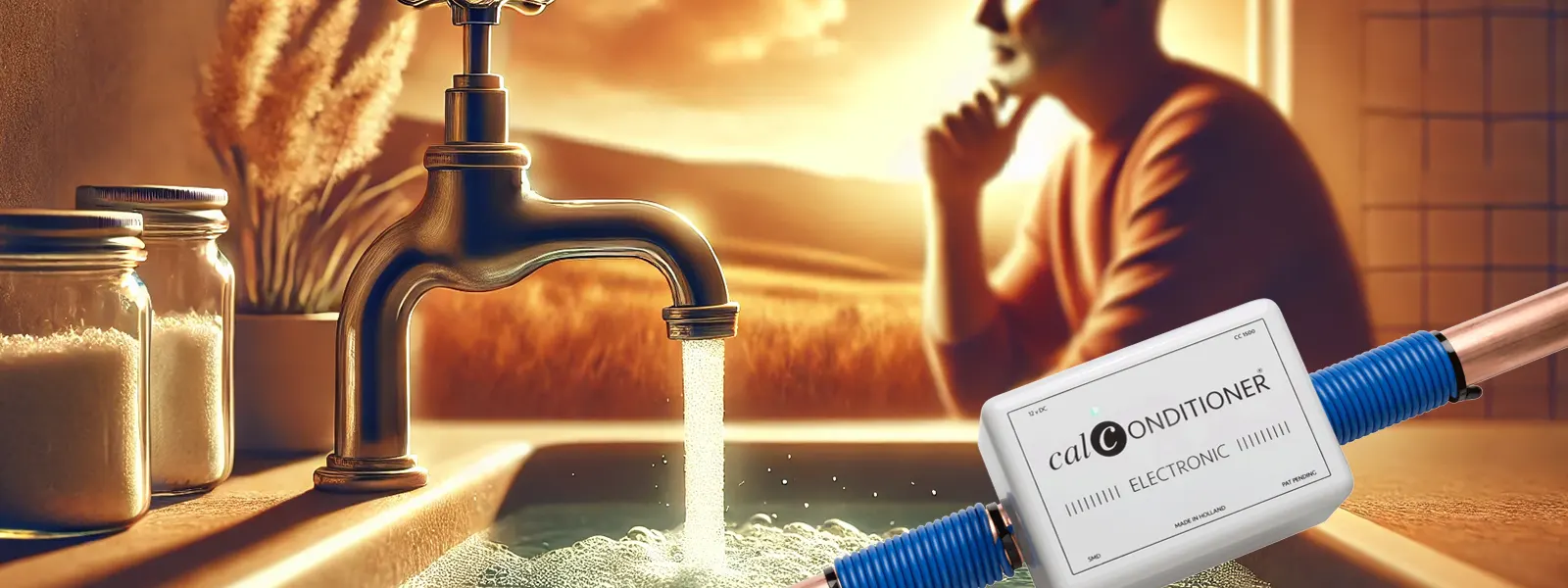 Close-up of water droplets evaporating on a surface, showing the subtle formation of limescale deposits with a blurred bathroom in the background. A frustrated individual observes the faucet, symbolizing the impact of hard water.