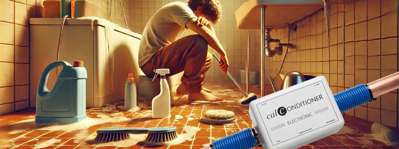 A frustrated person in a bathroom with cleaning tools, surrounded by surfaces like a kettle and showerhead covered in limescale, highlighting the hassle of descaling.