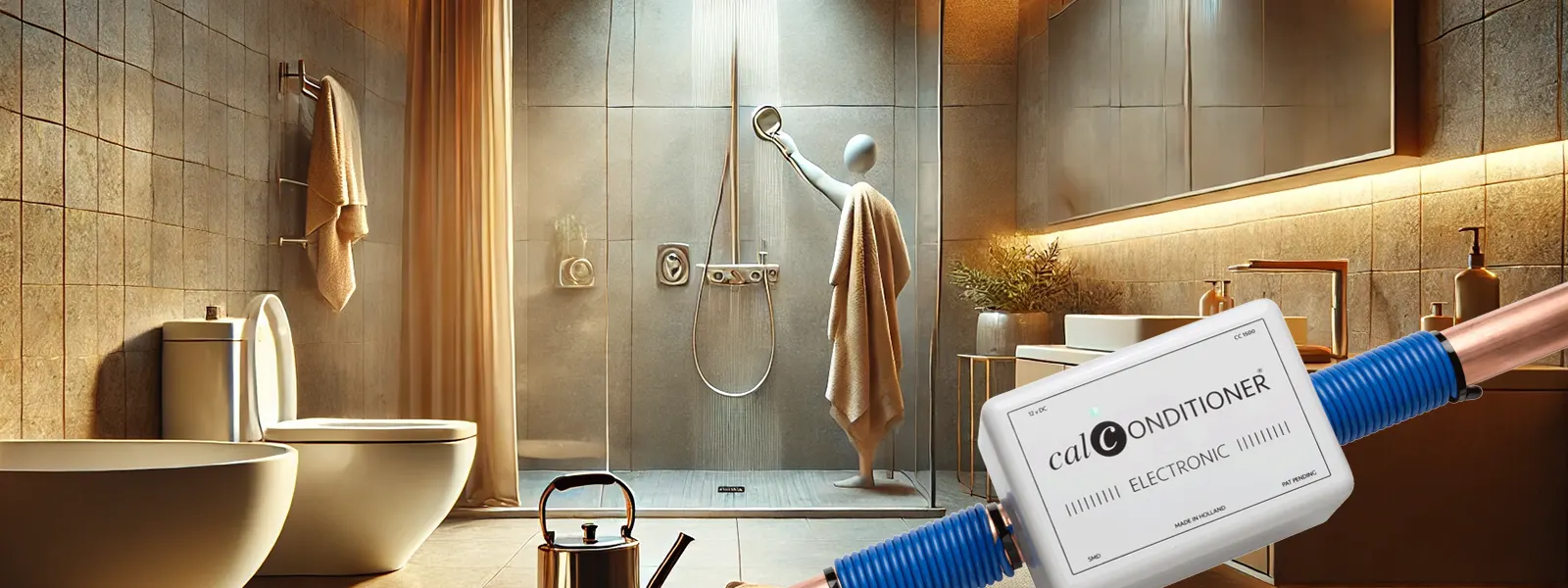 A modern bathroom with a person cleaning a showerhead, perfect for tips on removing limescale from various surfaces.