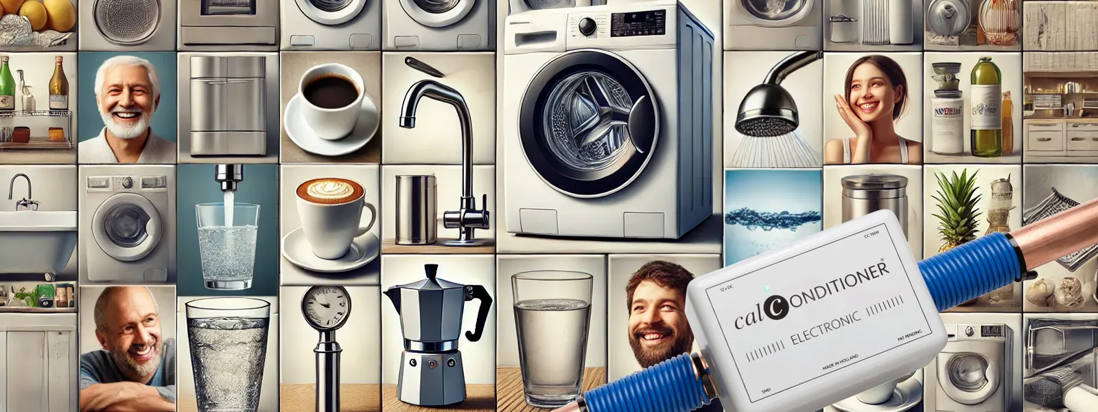 Collage of washing machines, dishwashers, steam ovens, a cup of tea, showerheads, a glass of water, a boiling water tap, and an Italian coffee pot, interspersed with happy people, highlighting the many benefits of a water softener.